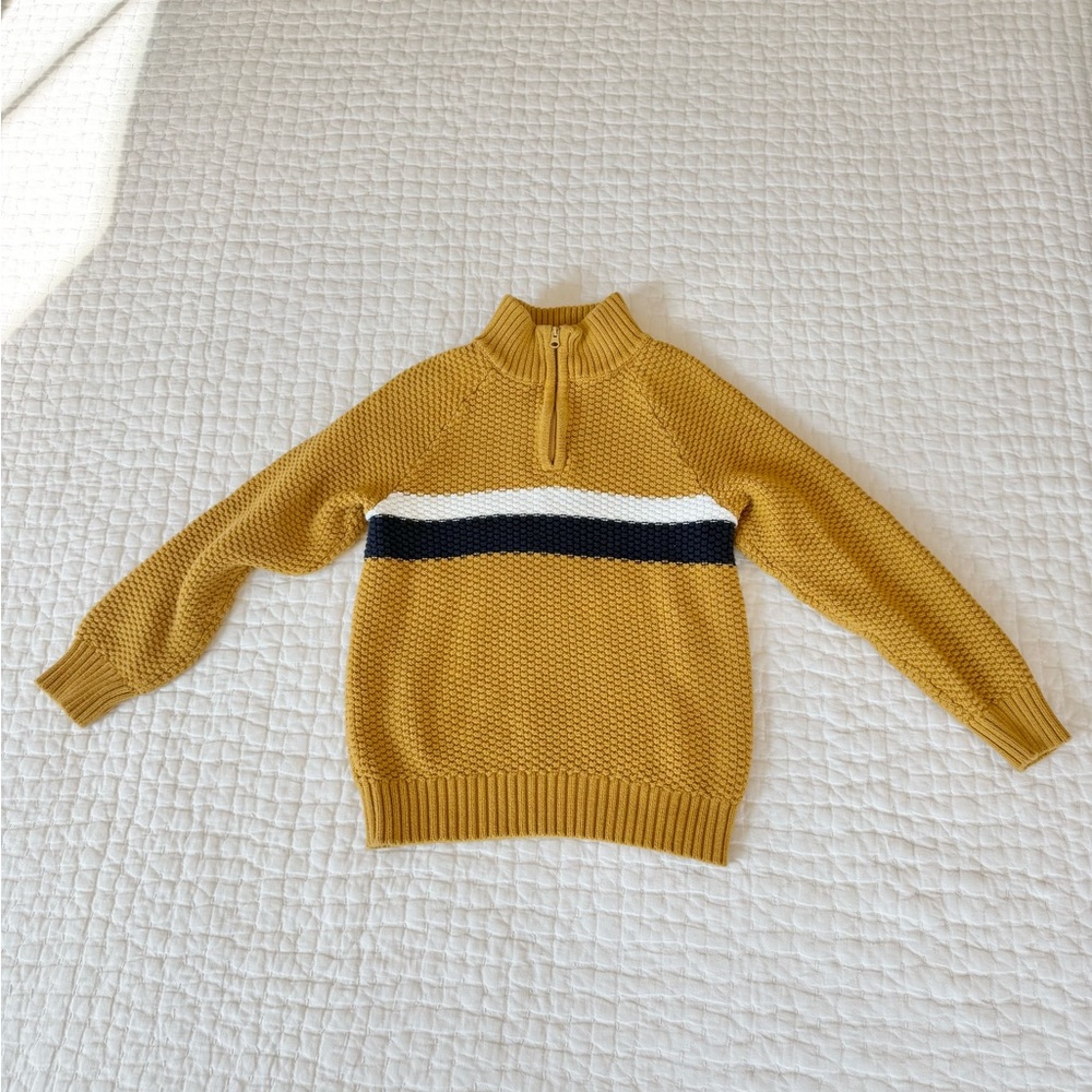 Mustard Half-Zip Knit Sweater with Navy & White Stripe